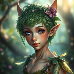 A realistic portrait of a young male fae with delicate, shimmering features, pointed ears, and vibrant green hair adorned with tiny flowers and leaves