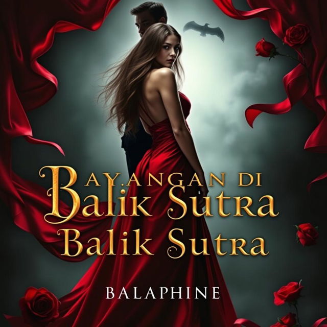 A captivating novel cover for "Bayangan di Balik Sutra" featuring a striking silhouette of Seraphina with long flowing hair, dressed in a seductive red silk gown that flows elegantly