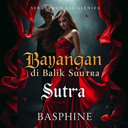 A captivating novel cover for "Bayangan di Balik Sutra" featuring a striking silhouette of Seraphina with long flowing hair, dressed in a seductive red silk gown that flows elegantly