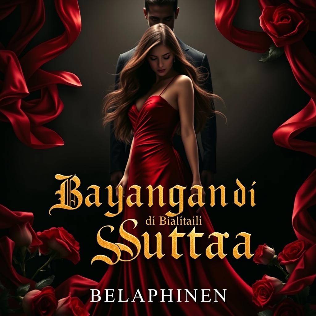 A captivating novel cover for "Bayangan di Balik Sutra" featuring a striking silhouette of Seraphina with long flowing hair, dressed in a seductive red silk gown that flows elegantly