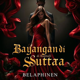 A captivating novel cover for "Bayangan di Balik Sutra" featuring a striking silhouette of Seraphina with long flowing hair, dressed in a seductive red silk gown that flows elegantly