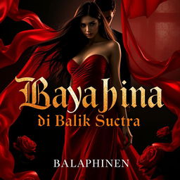 A captivating novel cover for "Bayangan di Balik Sutra" featuring a striking silhouette of Seraphina with long flowing hair, dressed in a seductive red silk gown that flows elegantly