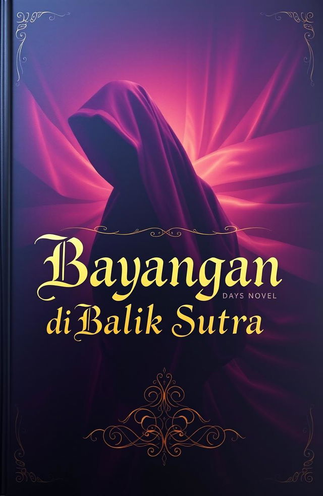 A mysterious and enchanting book cover for a novel titled 'Bayangan di Balik Sutra'