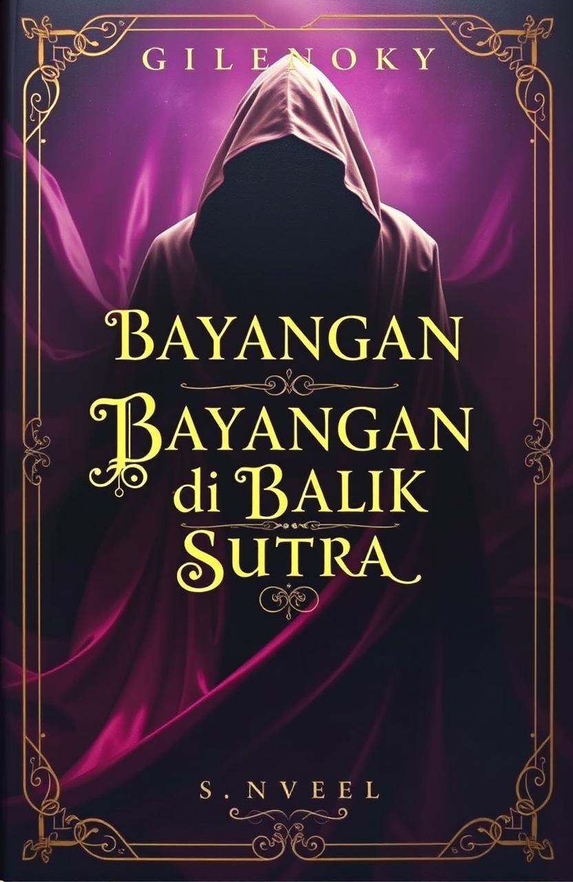 A mysterious and enchanting book cover for a novel titled 'Bayangan di Balik Sutra'