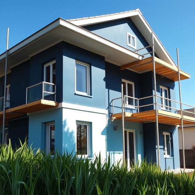 A beautifully completed under-construction house with scaffolding removed, showcasing a stunning exterior painted in dark blue and light blue color on its plaster surface