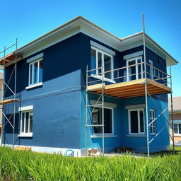 A beautifully completed under-construction house with scaffolding removed, showcasing a stunning exterior painted in dark blue and light blue color on its plaster surface