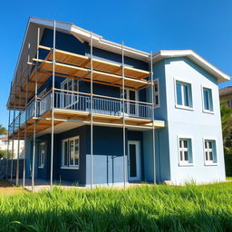 A beautifully completed under-construction house with scaffolding removed, showcasing a stunning exterior painted in dark blue and light blue color on its plaster surface