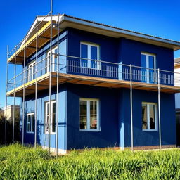 A beautifully completed under-construction house with scaffolding removed, showcasing a stunning exterior painted in dark blue and light blue color on its plaster surface
