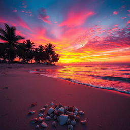 A mesmerizing sunset over a tranquil beach, where the sun dips below the horizon, casting vibrant pink, orange, and purple hues across the sky