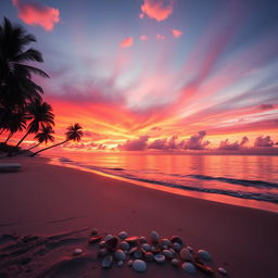 A mesmerizing sunset over a tranquil beach, where the sun dips below the horizon, casting vibrant pink, orange, and purple hues across the sky