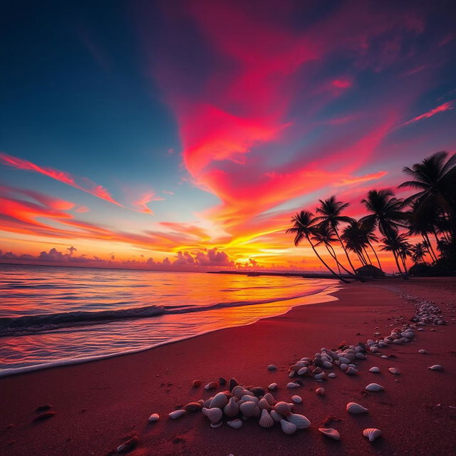 A mesmerizing sunset over a tranquil beach, where the sun dips below the horizon, casting vibrant pink, orange, and purple hues across the sky