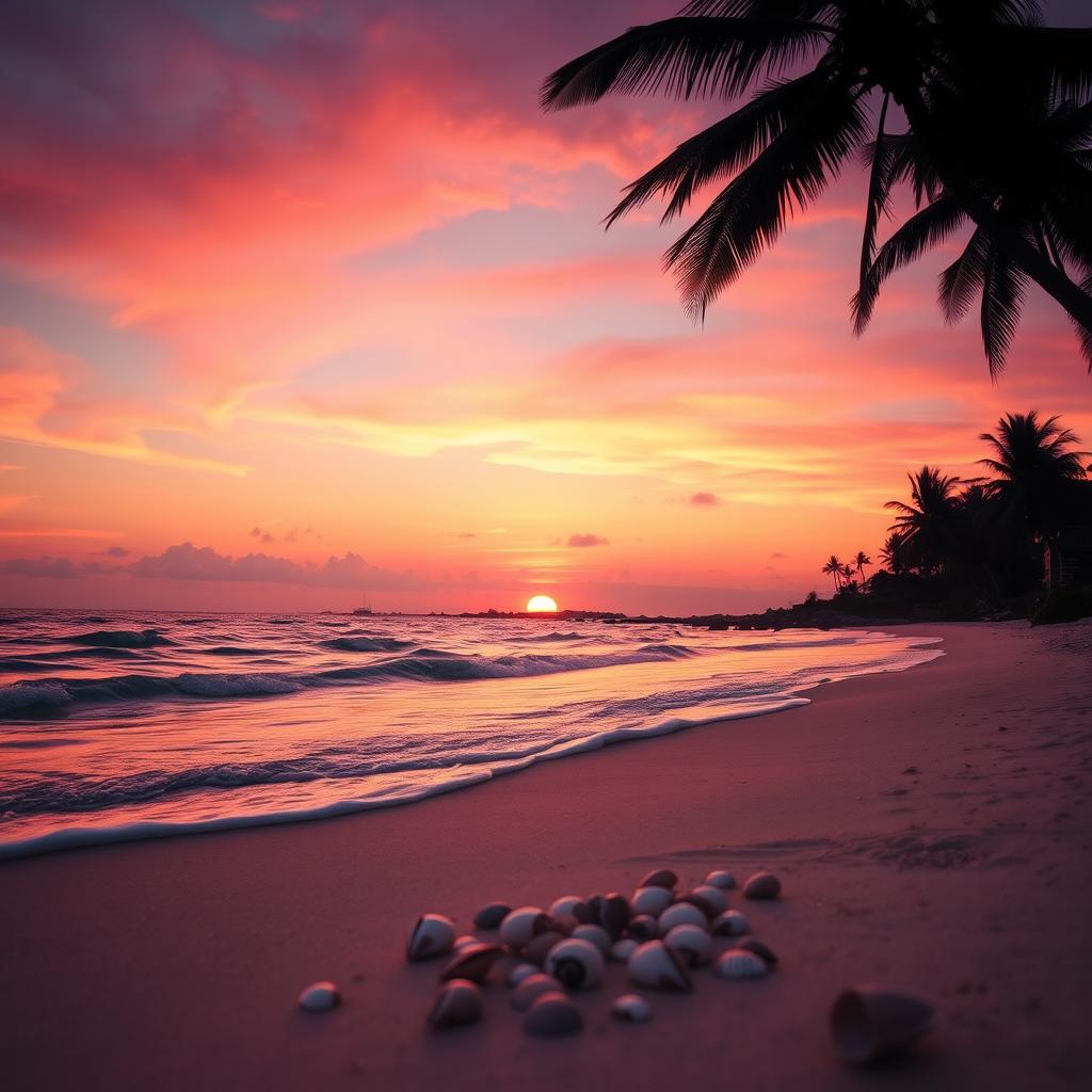 A mesmerizing sunset over a tranquil beach, where the sun dips below the horizon, casting vibrant pink, orange, and purple hues across the sky