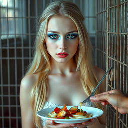 A sexy, sweet, and beautiful boney anorexic 19-year-old woman with long blond hair, stylized with very bright makeup that includes vibrant frosted pastel blue eye shadow, thick black eyeliner, bold black mascara, and bright pink lipstick