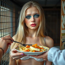 A sexy, sweet, and beautiful boney anorexic 19-year-old woman with long blond hair, stylized with very bright makeup that includes vibrant frosted pastel blue eye shadow, thick black eyeliner, bold black mascara, and bright pink lipstick