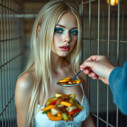 A sexy, sweet, and beautiful boney anorexic 19-year-old woman with long blond hair, stylized with very bright makeup that includes vibrant frosted pastel blue eye shadow, thick black eyeliner, bold black mascara, and bright pink lipstick