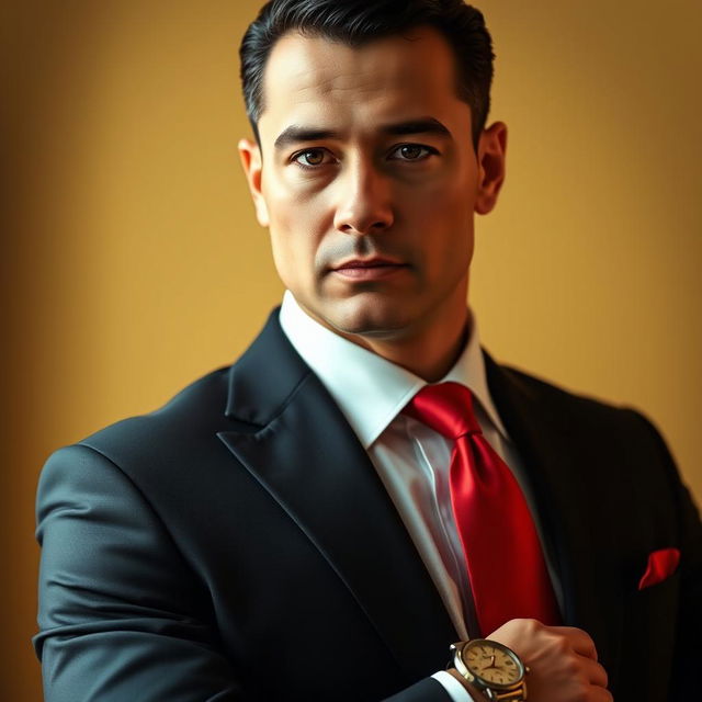 A distinguished gentleman portrait featuring a man wearing a sleek black suit, complemented by a vibrant red tie