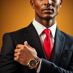 A distinguished gentleman portrait featuring a man wearing a sleek black suit, complemented by a vibrant red tie