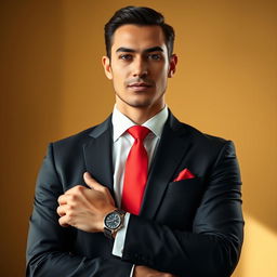 A distinguished gentleman portrait featuring a man wearing a sleek black suit, complemented by a vibrant red tie