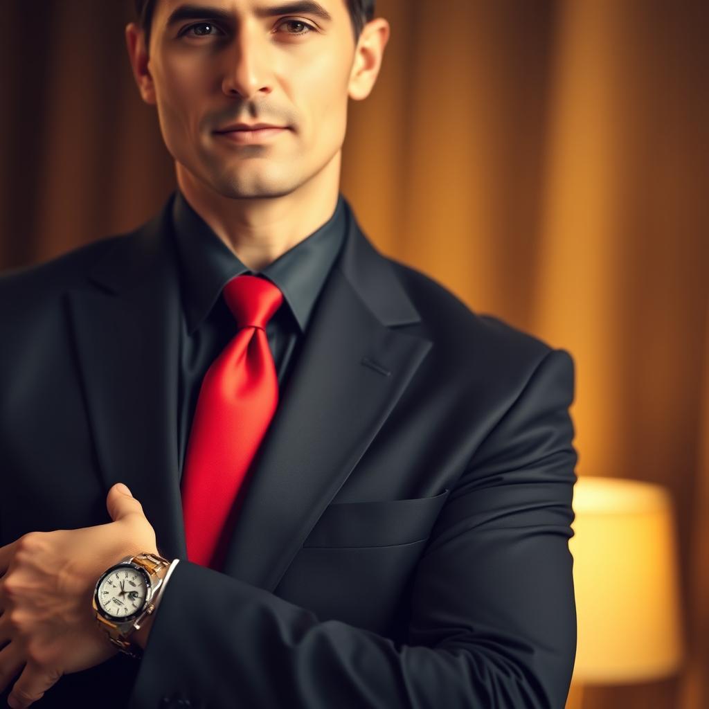 A distinguished gentleman portrait featuring a man wearing a sleek black suit, complemented by a vibrant red tie