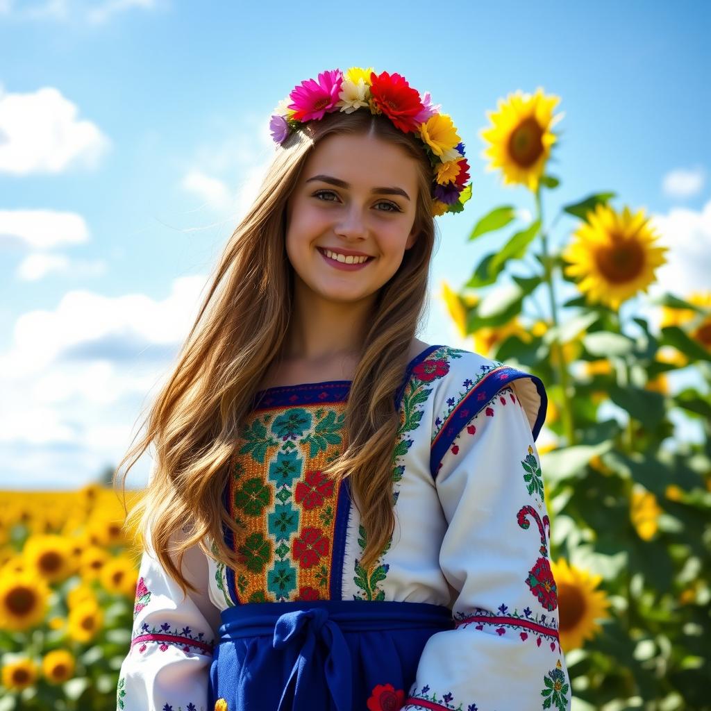 A beautiful Ukrainian girl standing in a picturesque setting, dressed in traditional Ukrainian attire featuring vibrant patterns and embroidery