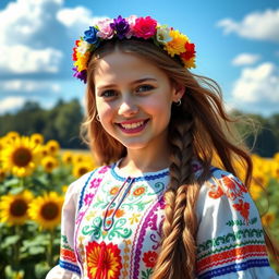 A beautiful Ukrainian girl standing in a picturesque setting, dressed in traditional Ukrainian attire featuring vibrant patterns and embroidery