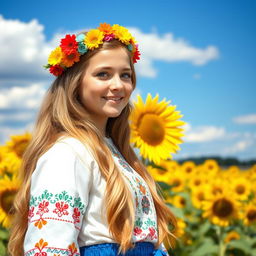 A beautiful Ukrainian girl standing in a picturesque setting, dressed in traditional Ukrainian attire featuring vibrant patterns and embroidery