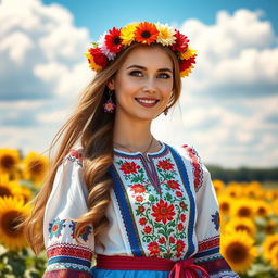 A beautiful Ukrainian girl standing in a picturesque setting, dressed in traditional Ukrainian attire featuring vibrant patterns and embroidery