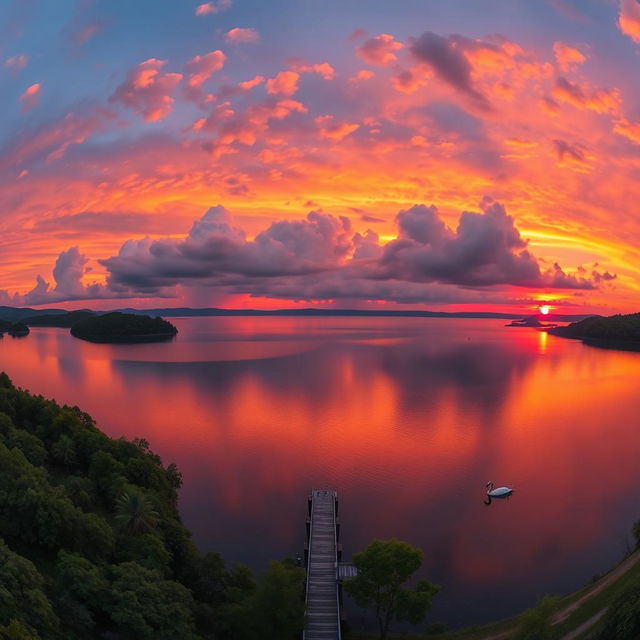 A panoramic view of a stunning sunset over a tranquil lake, showcasing vibrant hues of orange, pink, and purple reflected on the water's surface