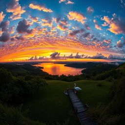 A panoramic view of a stunning sunset over a tranquil lake, showcasing vibrant hues of orange, pink, and purple reflected on the water's surface