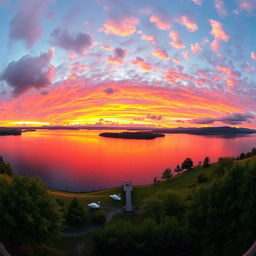 A panoramic view of a stunning sunset over a tranquil lake, showcasing vibrant hues of orange, pink, and purple reflected on the water's surface