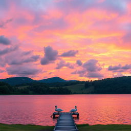 A panoramic view of a stunning sunset over a tranquil lake, showcasing vibrant hues of orange, pink, and purple reflected on the water's surface