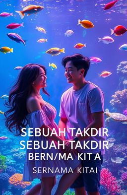 A romantic scene depicting a girl and a boy on a date inside a vibrant aquarium, surrounded by colorful fish swimming gracefully in crystal-clear water
