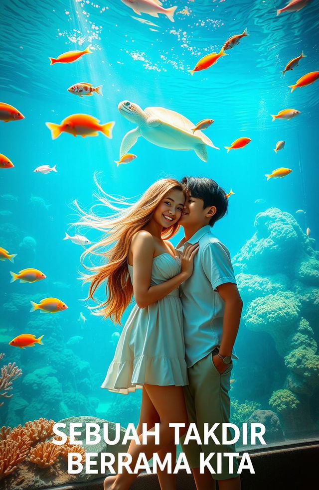 A romantic scene depicting a girl and a boy on a date inside a vibrant aquarium, surrounded by colorful fish swimming gracefully in crystal-clear water