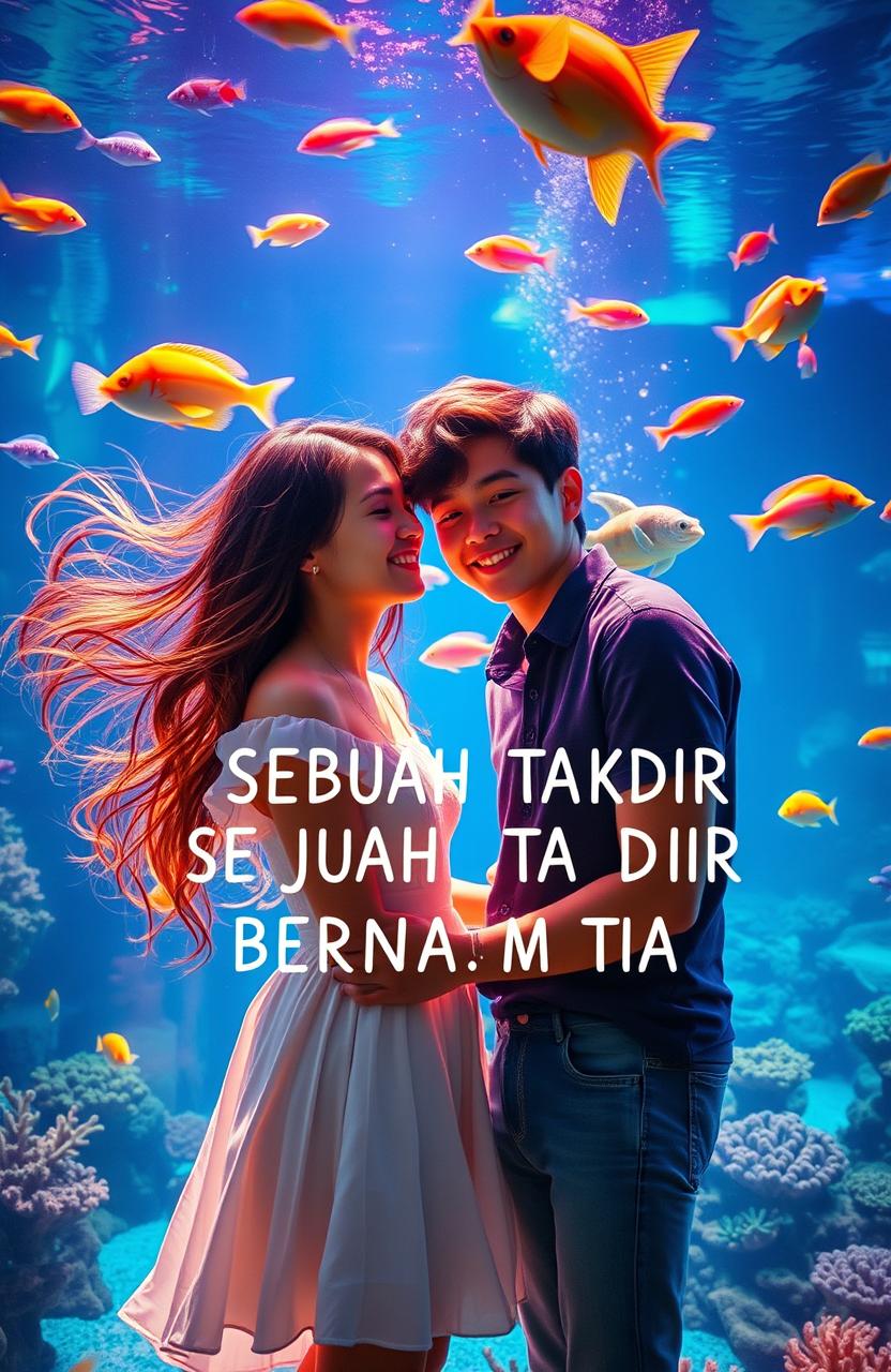 A romantic scene depicting a girl and a boy on a date inside a vibrant aquarium, surrounded by colorful fish swimming gracefully in crystal-clear water