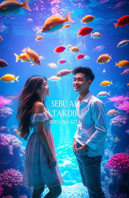 A romantic scene depicting a girl and a boy on a date inside a vibrant aquarium, surrounded by colorful fish swimming gracefully in crystal-clear water