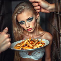 A beautiful, thin young woman with long blonde hair, adorned with vibrant facial makeup that includes frosted pastel blue eyeshadow, thick black eyeliner, lush black eyelashes, and bright pink lipstick