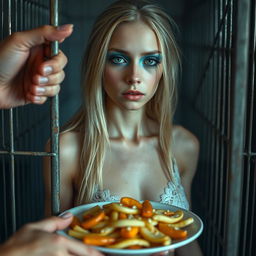 A beautiful, thin young woman with long blonde hair, adorned with vibrant facial makeup that includes frosted pastel blue eyeshadow, thick black eyeliner, lush black eyelashes, and bright pink lipstick