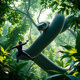 A dynamic scene of Ant-Man evading the coils of a giant python deep in the lush rainforest canopy