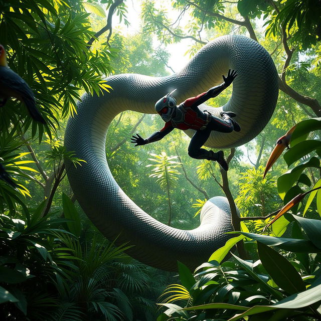 A dynamic scene of Ant-Man evading the coils of a giant python deep in the lush rainforest canopy