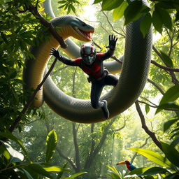 A dynamic scene of Ant-Man evading the coils of a giant python deep in the lush rainforest canopy