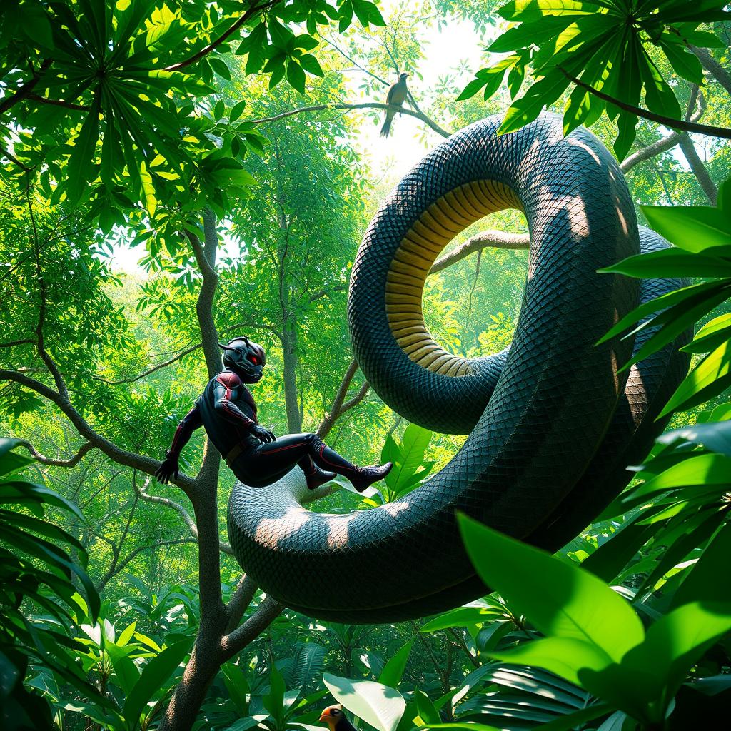 A dynamic scene of Ant-Man evading the coils of a giant python deep in the lush rainforest canopy