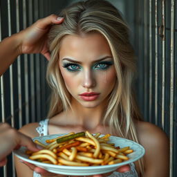 An athletic and beautiful 19-year-old woman with long blonde hair, featuring vibrant facial makeup consisting of frosted pastel blue eyeshadow, thick black eyeliner, dramatic black mascara and lashes, complemented by bright pink lipstick