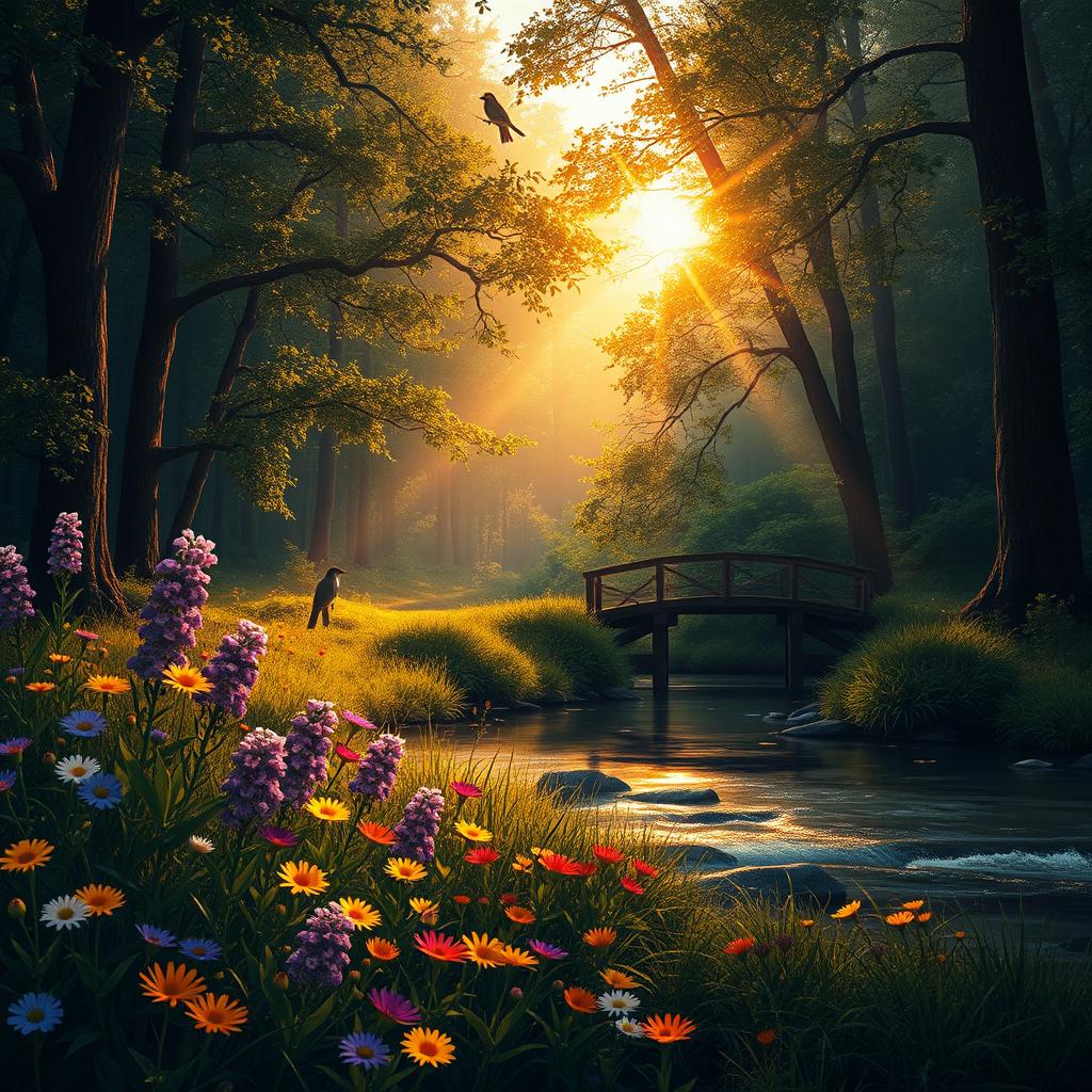 A highly realistic, detailed image of a serene forest scene at golden hour, with rays of sunlight filtering through the dense foliage