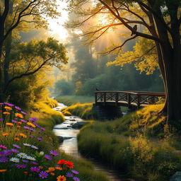 A highly realistic, detailed image of a serene forest scene at golden hour, with rays of sunlight filtering through the dense foliage