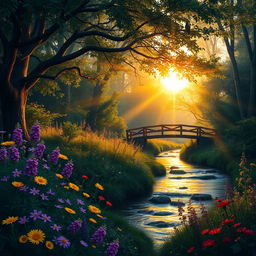 A highly realistic, detailed image of a serene forest scene at golden hour, with rays of sunlight filtering through the dense foliage