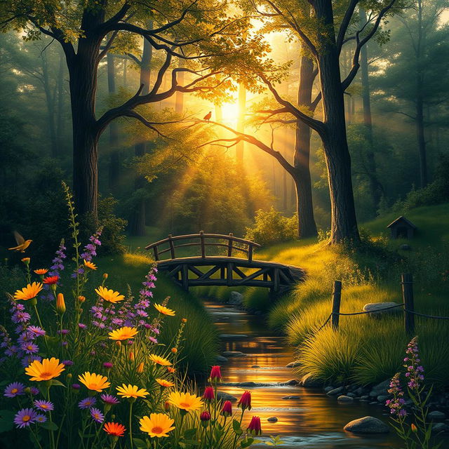 A highly realistic, detailed image of a serene forest scene at golden hour, with rays of sunlight filtering through the dense foliage