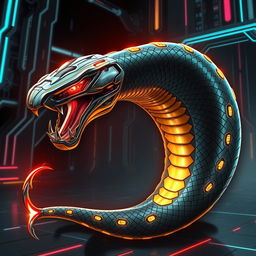 A fierce cyber-serpent illustrated with sleek metallic scales that glisten under artificial light