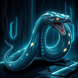 A fierce cyber-serpent illustrated with sleek metallic scales that glisten under artificial light