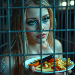 A beautiful 19-year-old woman with long blonde hair, showcasing vibrant facial makeup with bright frosted pastel blue eyeshadow, thick black eyeliner, long black mascara-enhanced lashes, and bright pink lipstick