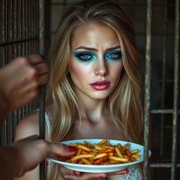A beautiful 19-year-old woman with long blonde hair, showcasing vibrant facial makeup with bright frosted pastel blue eyeshadow, thick black eyeliner, long black mascara-enhanced lashes, and bright pink lipstick